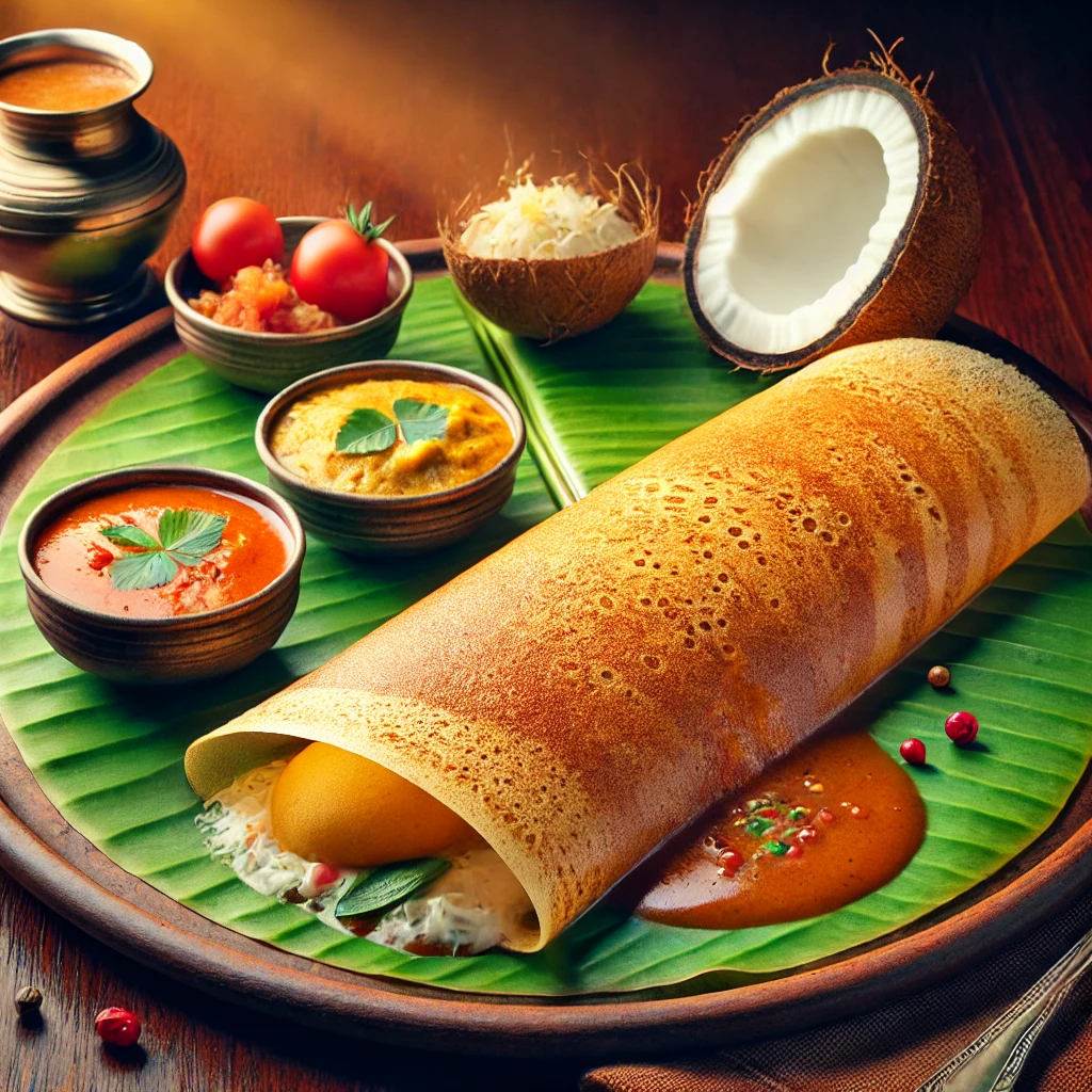 Crispy dosa served with chutneys